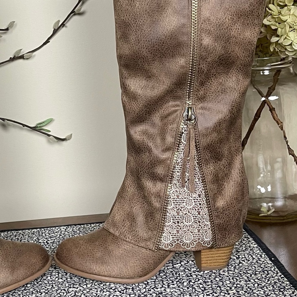Not Rated Sassy Classy Zipper Lace Inset Distressed Faux Leather Knee-High Boots - Picture 10 of 16